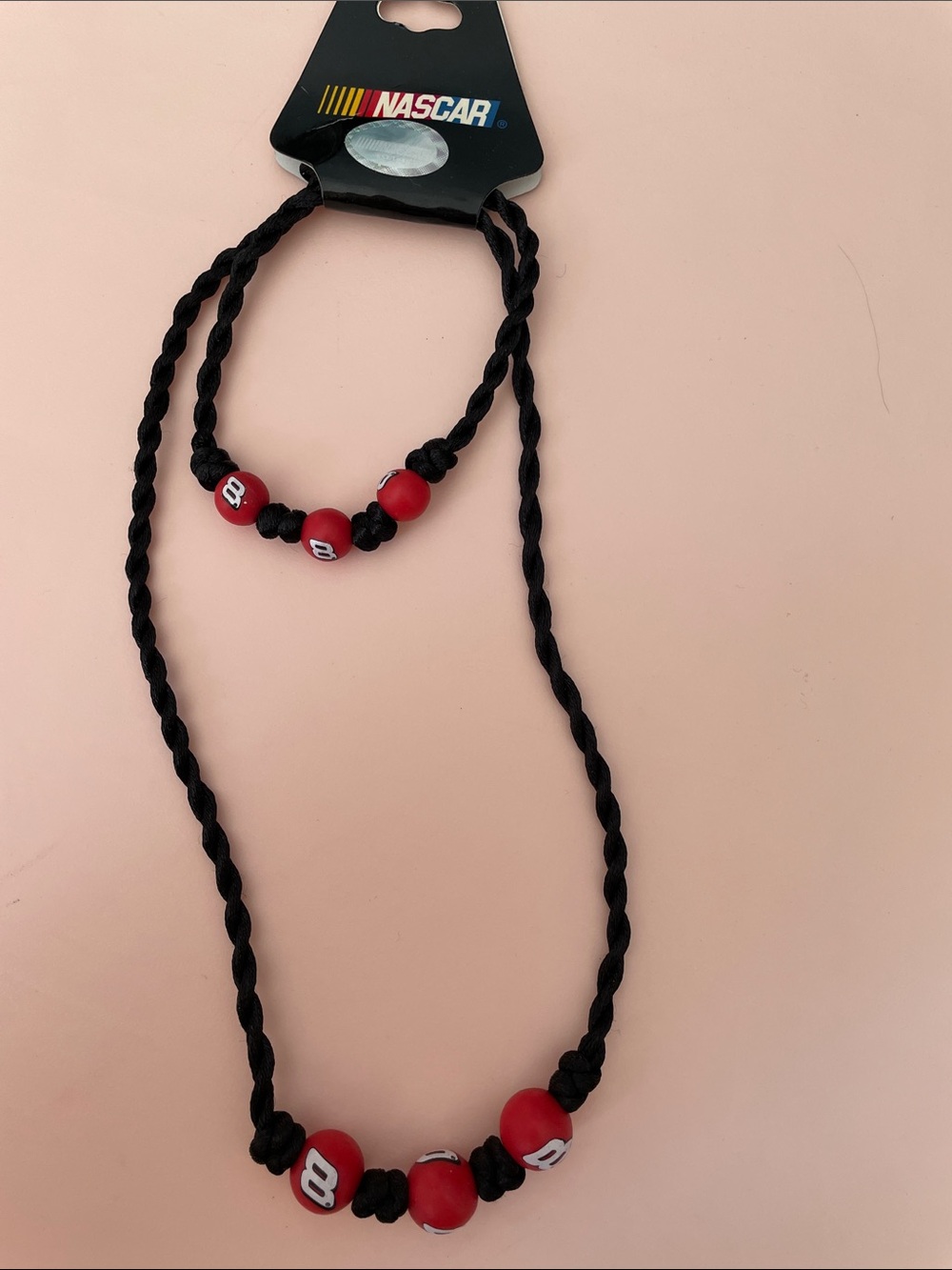 Nascar Black Braided Necklace with Red Number 8 Beads